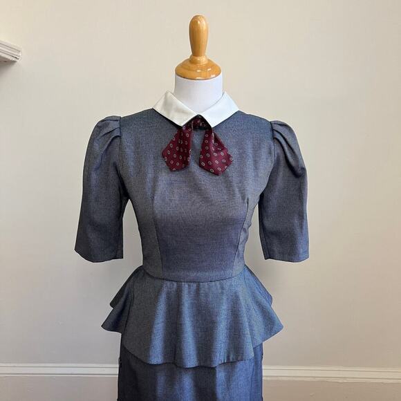 Vintage ACT 1 New York Peplum Pencil Midi Dress Puff Sleeves Collared with Tie 2 - Picture 4 of 16